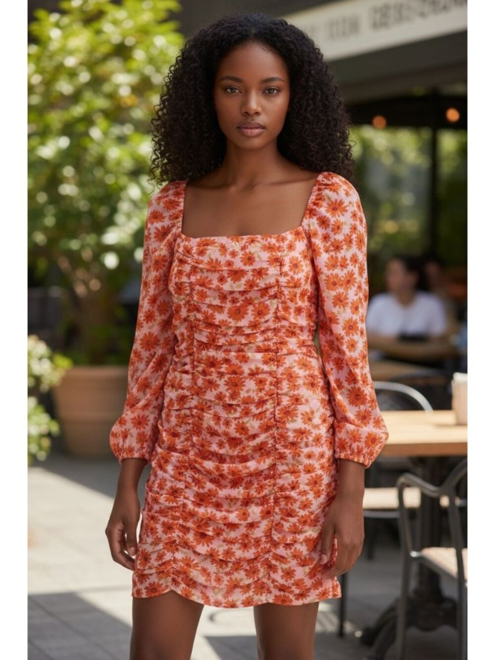 Nicole Miller Floral Print Ruched Long Sleeve Dress Square Neckline Size 10 Pink